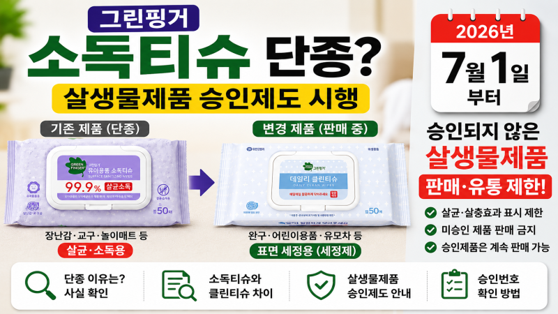 그린핑거 소독티슈 단종 이유는? 2026 살생물제품 승인제도 총정리