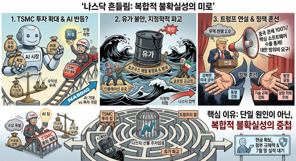 나스닥 왜 흔들렸을까? TSMC 투자 확대·유가 불안·<b>트럼프 연설</b>?