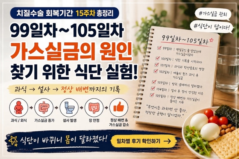 치질 수술 회복 기간 후기 15주 차 중간 총정리(99일차~105일차), 가스실금의 원인을 찾기 위한 ....
