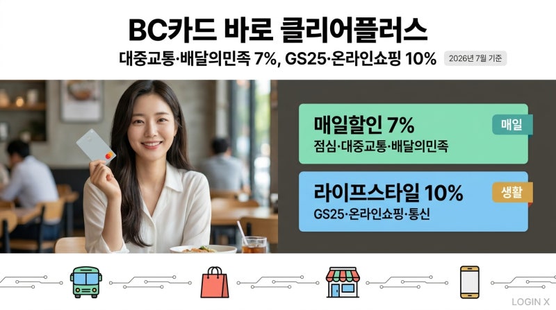 BC카드 바로 클리어플러스 총정리 — 대중교통·배달의민족 7%, GS25·온라인쇼핑 10% 피킹률 계....