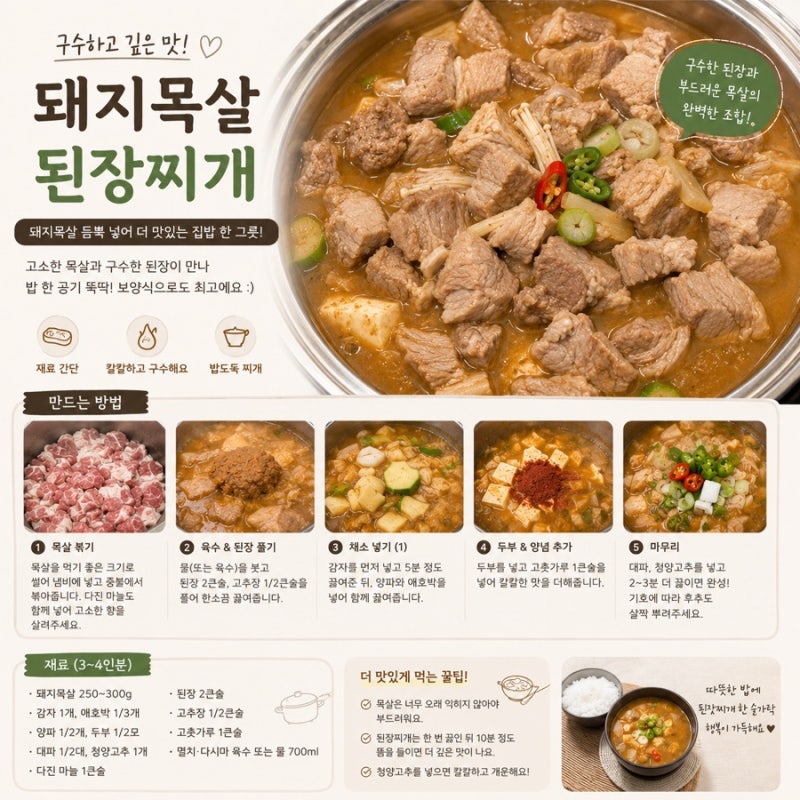 돼지목살 듬뿍 넣은 된장찌개 레시피, 집밥 메뉴로 최고!