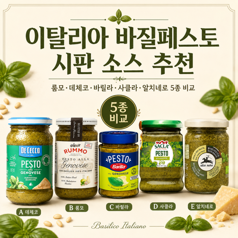 이탈리아 바질페스토 시판 소스 추천: 룸모·데체코·바릴라·사클라·알치네로 5종 비교