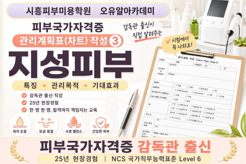 [시흥피부미용학원]피부국가자격증 관리계획표(차트)작성(3) Ⅰ 지성피부 특징·관리목적·기....