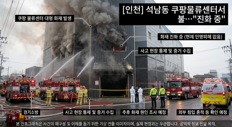 [<b>인천</b>] 석남동 <b>쿠팡</b> 물류센터 <b>화재</b> 발생…현재 진화 중