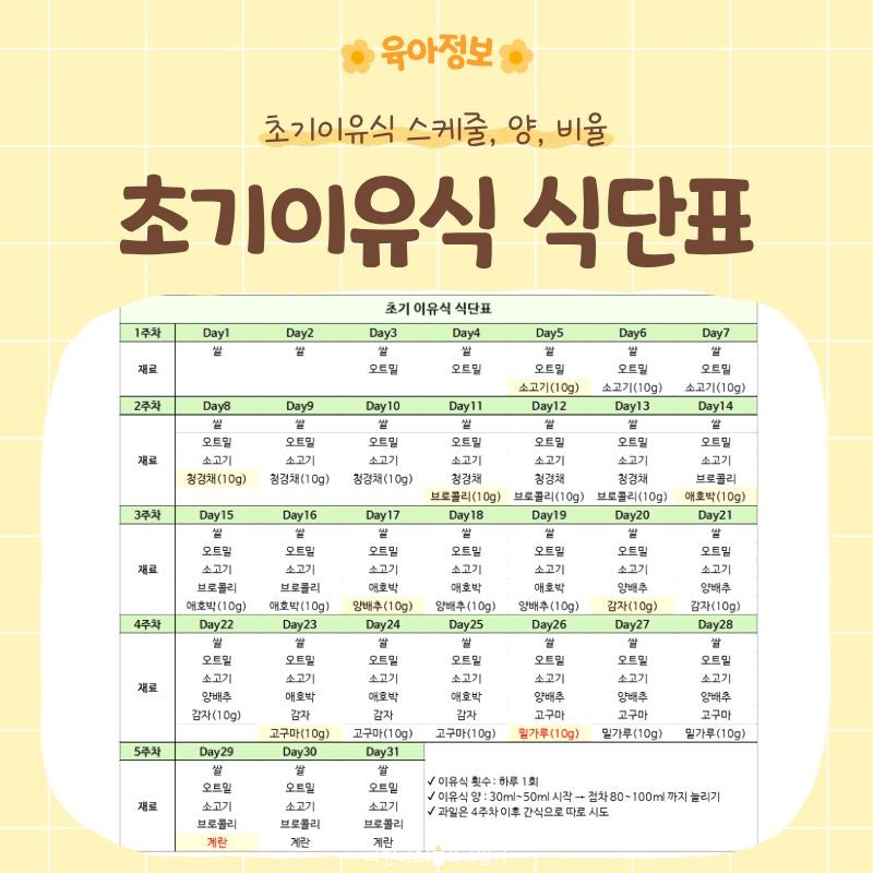 초기이유식 식단표 | 초기이유식 스케줄, 재료 순서, 양 총정리