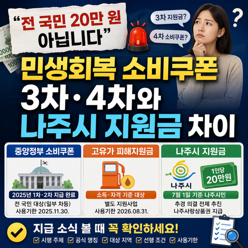 “전 국민 20만 원 아닙니다” 민생회복 소비쿠폰 3차·4차와 나주시 지원금 차이