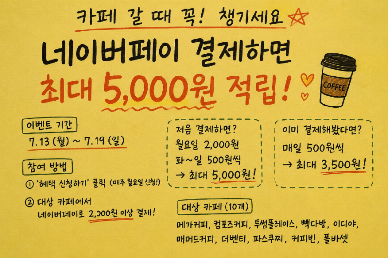 네이버페이 카페 결제 이벤트! 최대 5,000원 적립받는 방법 총정리 (26.07.13 ~ 07.19)