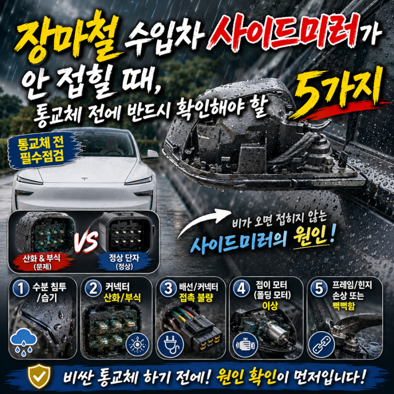 장마철 수입차 사이드미러가 안 접힐 때, 통교체 전에 반드시 확인해야 할 5가지