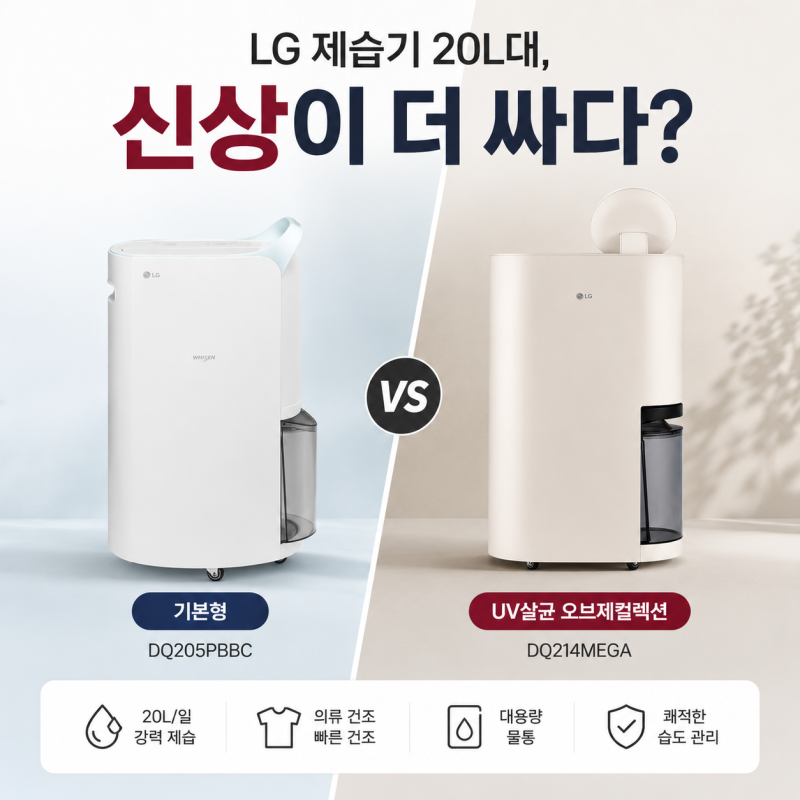 LG 제습기 20L대, 신상이 더 싸다? 기본형 vs UV살균 오브제컬렉션 (DQ205PBBC·DQ214MEGA)