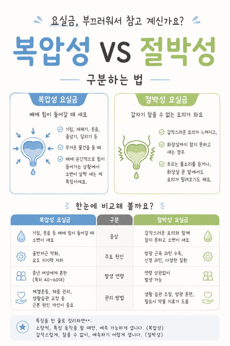 요실금, 부끄러워서 참고 계신가요? 복압성 vs 절박성 구분하는 방법