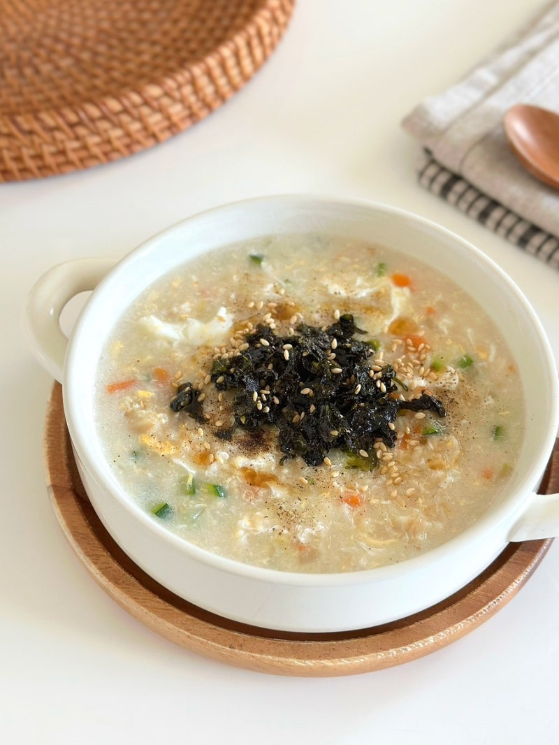 10분 완성 간단한 아침밥, 오트밀 야채 계란죽 끓이는법