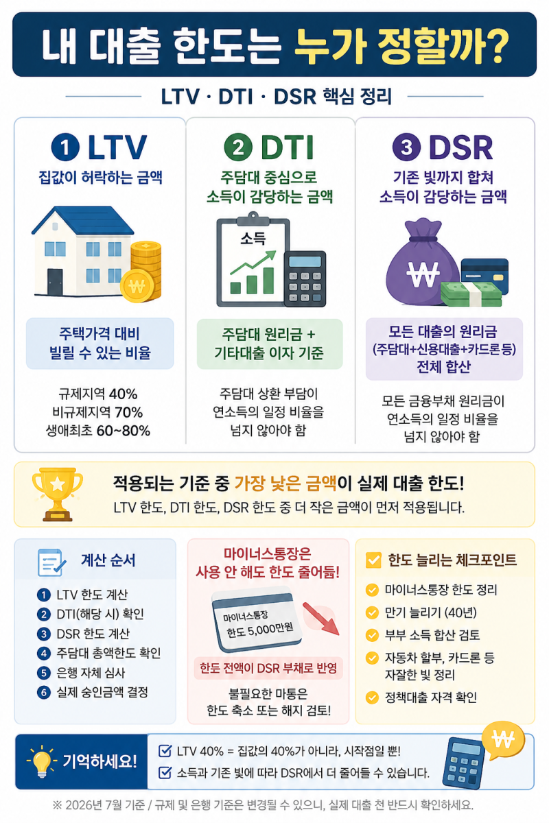 LTV·DTI·DSR 차이 — 내 대출 한도는 셋 중 뭐가 정할까 (규제지역 40%)