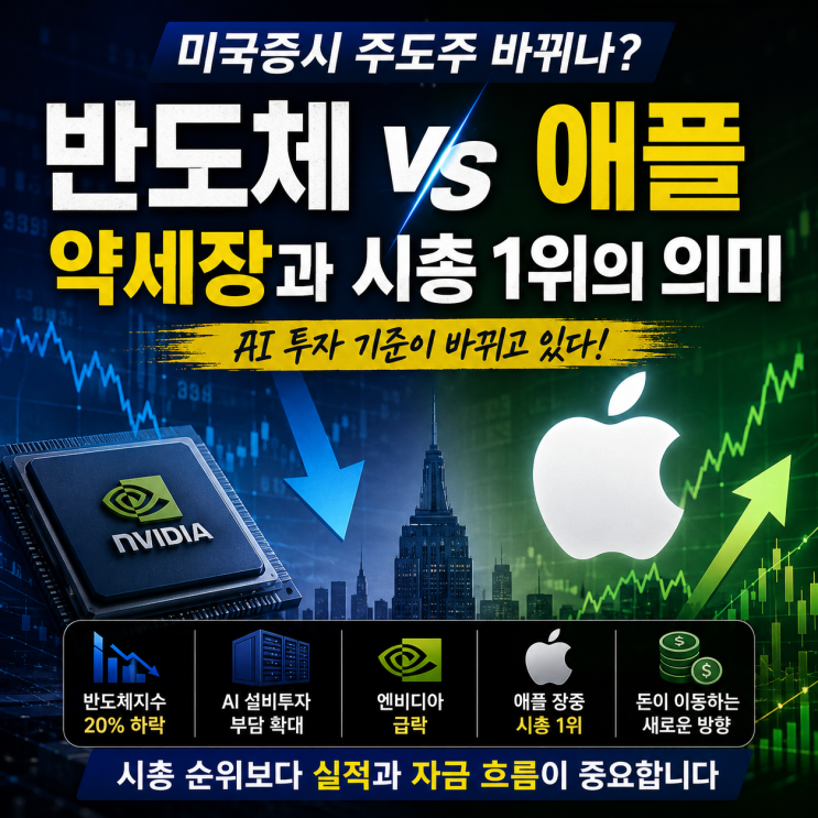미국증시 주도주 바뀌나, 반도체 약세장과 <b>애플 시총 1위</b>의 의미