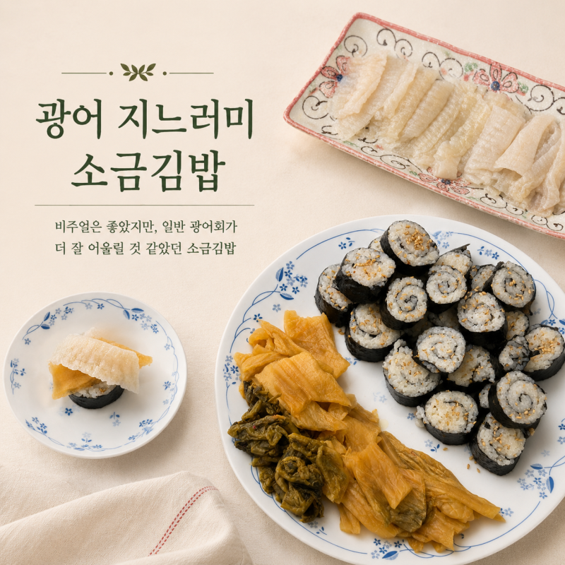 [집밥일기] 강민경 광어 소금김밥 따라잡기, 광어지느러미회로 해본 묵은지 소금김밥 후기