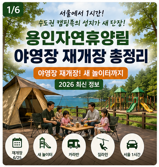 휴양림 19편 / 용인자연휴양림 야영장 재개장 총정리 — 새 놀이터·카라반·예약 방법 (2026)