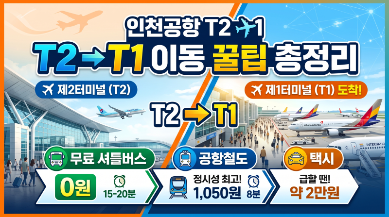 [인천공항 꿀팁] 제2여객터미널에서 1터미널 이동하는 방법 총정리 (무료 셔틀/공항철도/택시....
