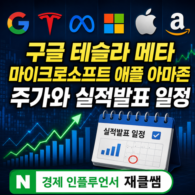 구글 테슬라 메타 마이크로소프트 애플 아마존 주가와 실적발표 일정