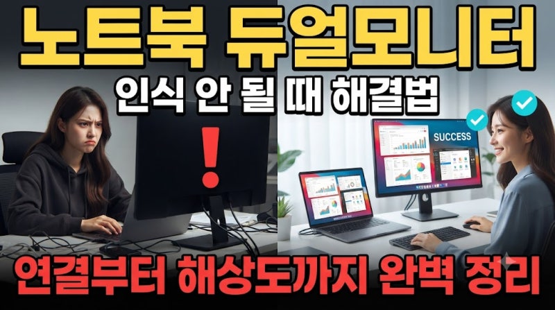 노트북 듀얼모니터 연결 방법 인식 안됨 해결 후 모니터 해상도 설정하는 절차입니다