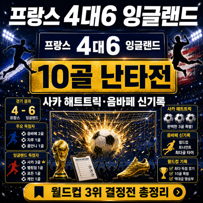 프랑스 잉글랜드 4대6 월드컵 3위 결정전 사카 해트트릭 음바페 신기록 총정리