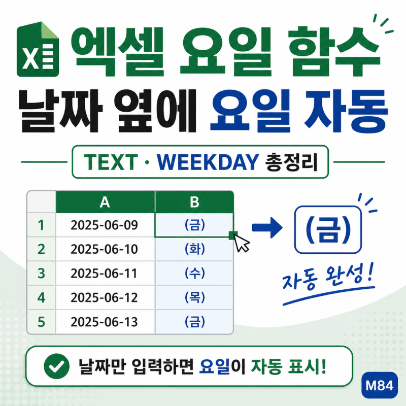 엑셀 요일 함수 완벽 정리 — 날짜 옆에 요일 자동 표시 (TEXT·WEEKDAY)