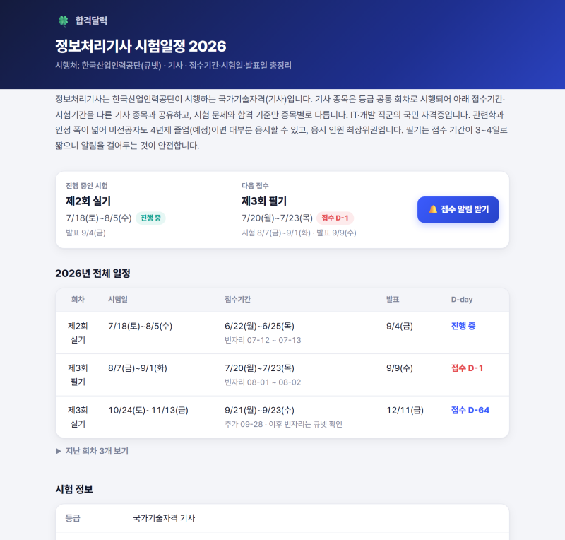 정보처리기사 2026 시험일정 총정리｜3회 필기 접수 7월 20일 시작, 올해 마지막 기회입니다