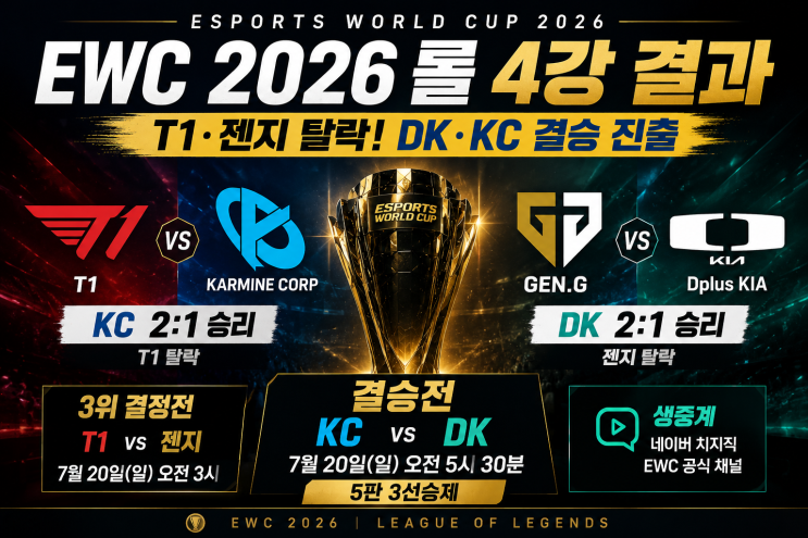 2026 EWC 롤 4강 결과, <b>T1</b>·젠지 탈락과 결승 대진 정리