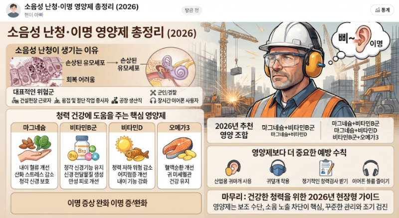 "건설현장에서 일하다 귀가 안 들린다면? 소음성 난청·이명 영양제 총정리 (2026)"
