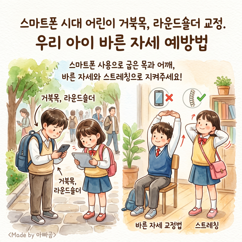 스마트폰 시대 어린이 거북목, 라운드숄더 교정. 우리 아이 바른 자세 예방법