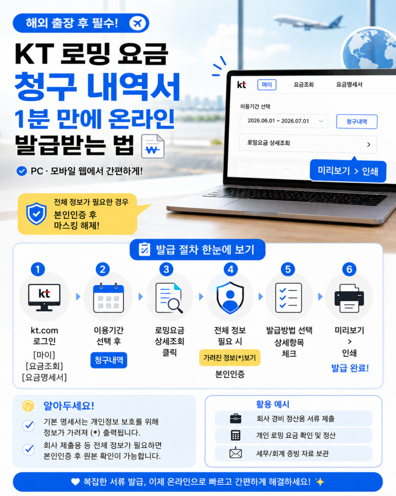 해외 출장 후 필수! KT 로밍 요금 청구 내역서 1분 만에 온라인 발급받는 법 ✈️