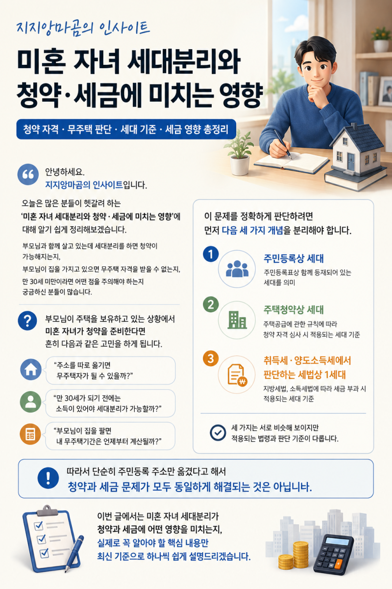 [부동산 정보]미혼 자녀 세대분리, 청약과 세금에 어떤 영향을 줄까?청약 세대분리와 세법상 ....