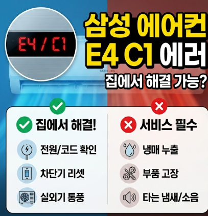 삼성 에어컨 에러코드 E4 C1 뜻과 해결방법, 집에서 되는 것과 안 되는 것