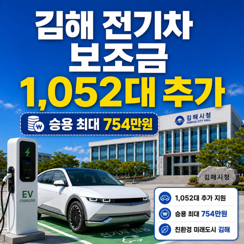 김해시 전기차 보조금 2026, 1,052대 추가…승용 최대 754만원 받는 조건