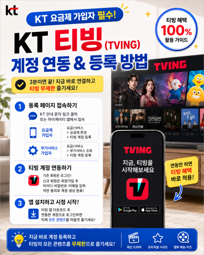 KT 티빙(TVING) 요금제 가입자 필수! 3분 컷 계정 연동 및 등록 가이드