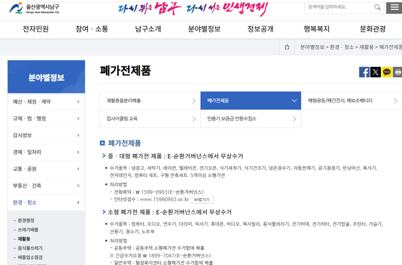 울산 폐가전 무료수거 방문 신청 헌옷 버리기 안쓰는 물건 분리수거 일정