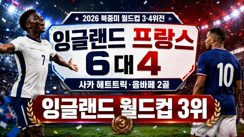 2026 월드컵 잉글랜드 프랑스 6대4 결과｜사카 해트트릭·음바페 2골, 잉글랜드 월드컵 3위