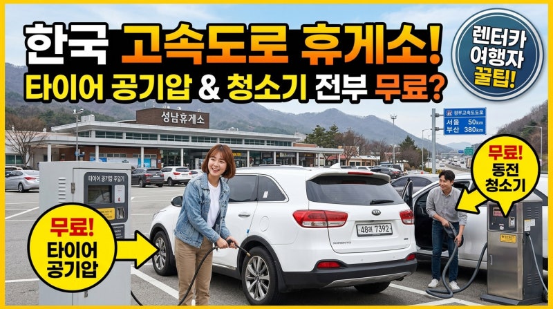 한국 고속도로 휴게소, 타이어 공기압도 청소기도 전부 무료 — 렌터카 여행자를 위한 팁