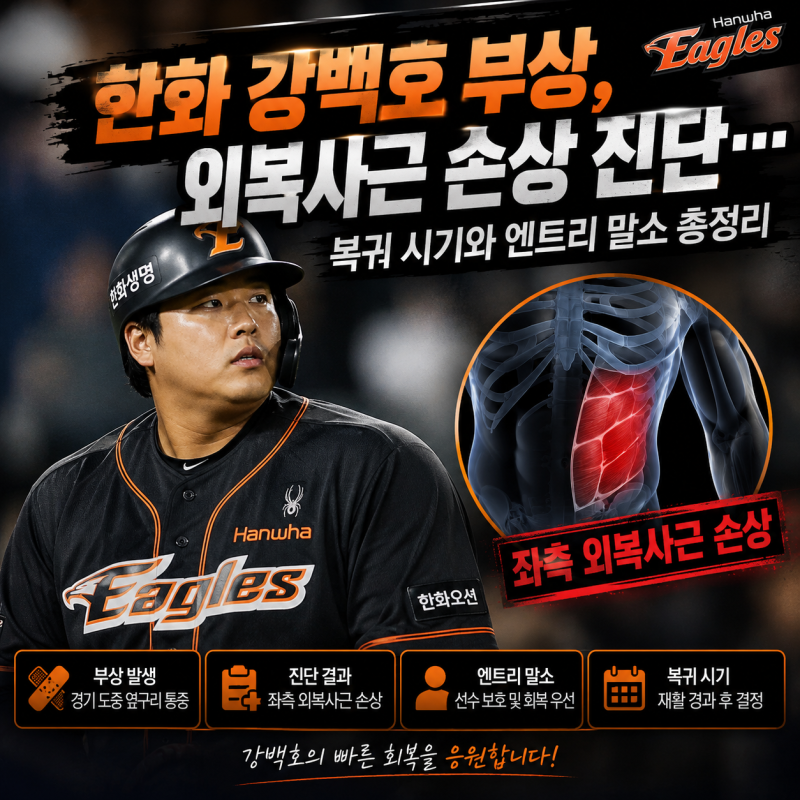 한화 강백호 부상, 외복사근 손상 진단…복귀 시기와 엔트리 말소 총정리