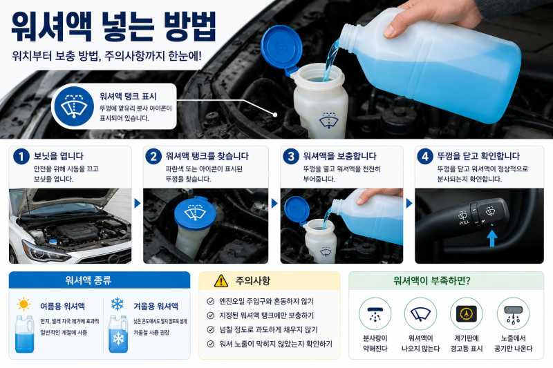 워셔액 넣는 방법｜자동차 워셔액 보충 위치와 주의사항 총정리