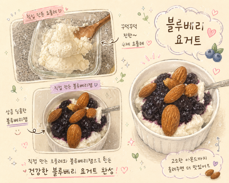 집에서 만든 요플레로 그릭요거트 만들기 성공! 블루베리잼까지 더하니 카페 부럽지 않네요