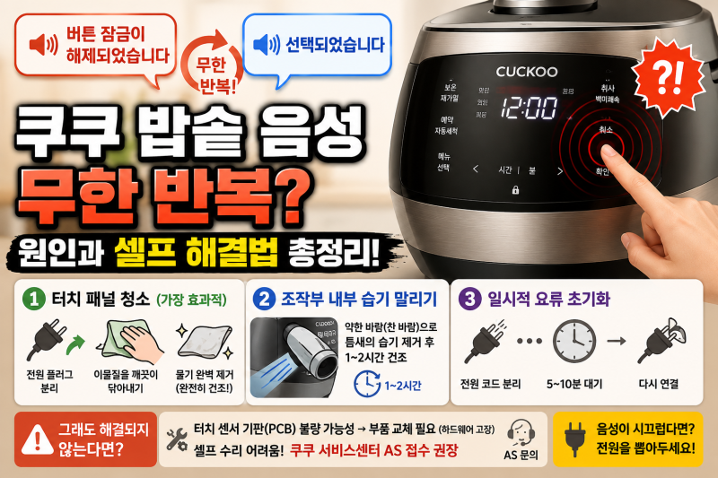 쿠쿠밥솥 버튼 잠금 해제 선택 메시지 무한 반복 이유와 해결방법