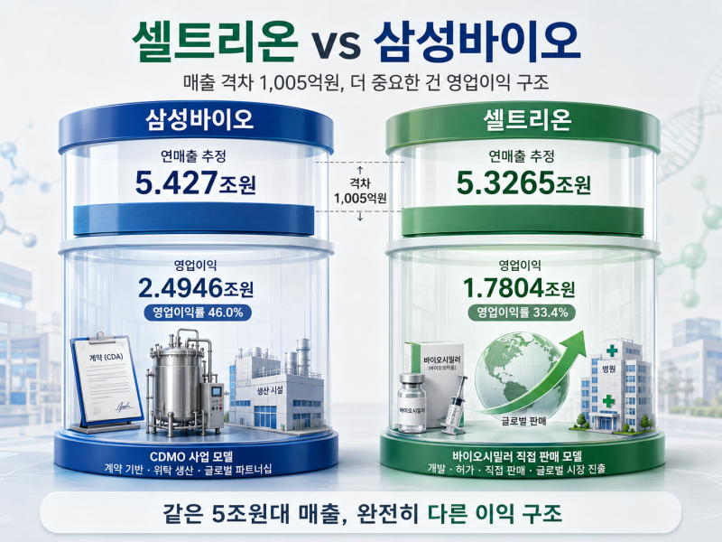 셀트리온 vs 삼성바이오 매출 격차 1,005억원 — 1위보다 중요한 영업이익 구조