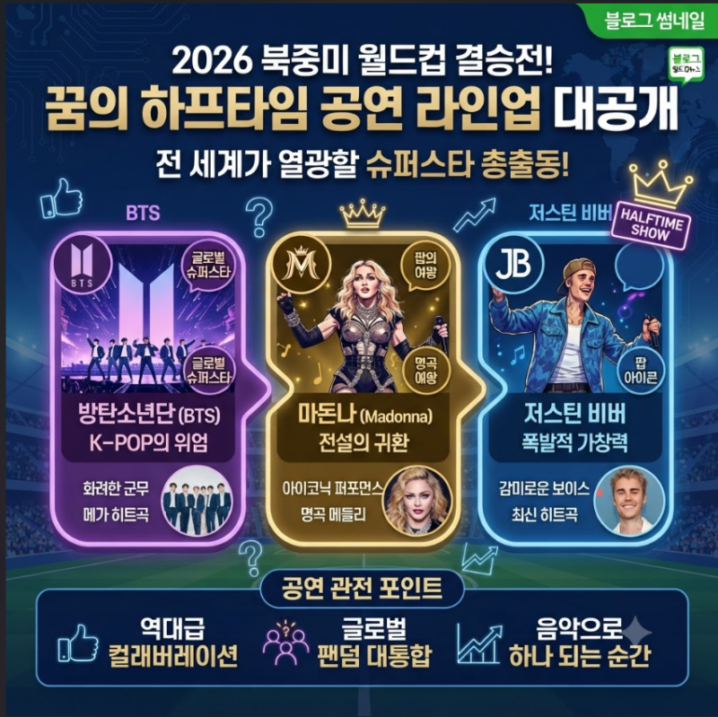 북중미 월드컵 결승전 하프타임 공연 BTS, 마돈나 저스틴비버 KPOP