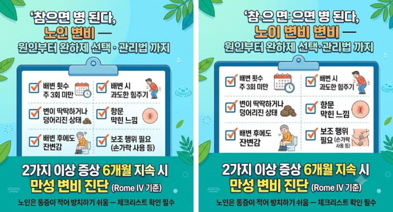 참으면 병 된다, 노인 변비 — 원인부터 완하제 선택·관리법까지