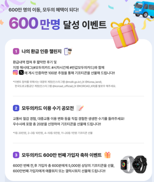 오늘부터 한 달간! 국토교통부 모두의카드 600만 돌파 감사 이벤트 개최