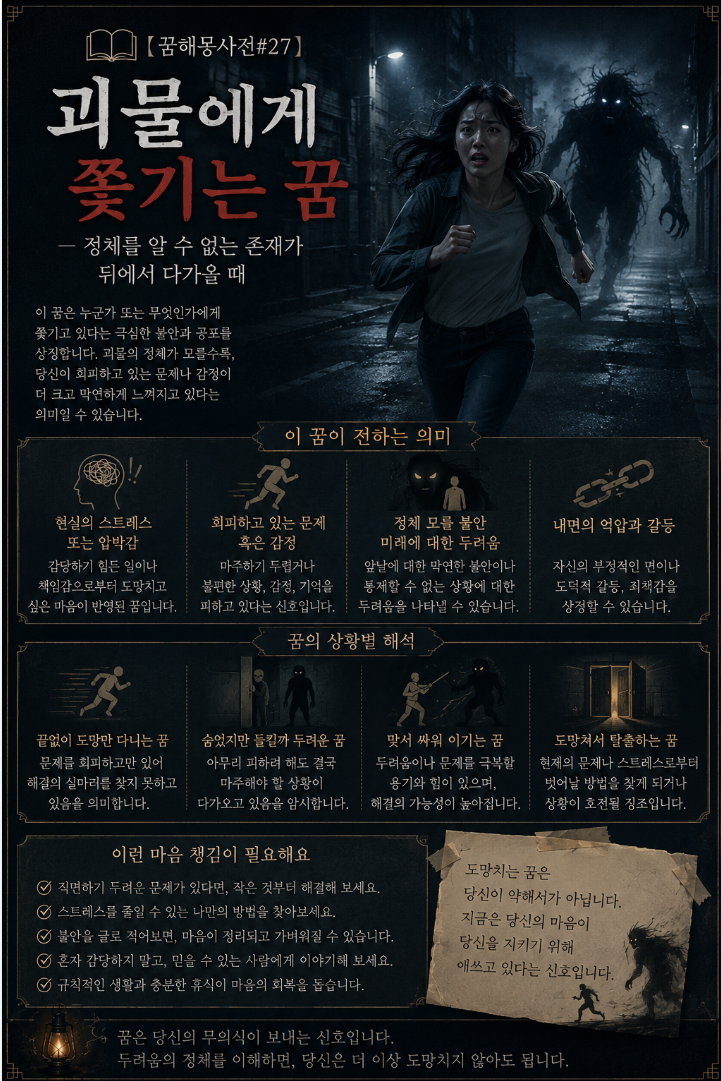 【꿈해몽사전#27】 괴물에게 쫓기는 꿈 — 정체를 알 수 없는 존재가 뒤에서 다가올 때