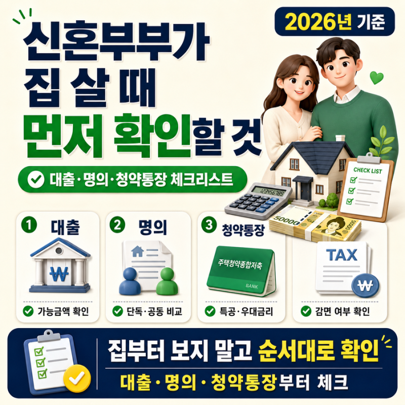 신혼부부가 집 살 때 먼저 확인할 것｜대출·명의·청약통장 체크리스트 2026년 기준