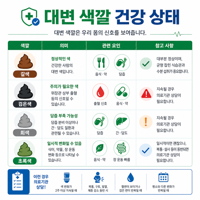 대변 색깔 건강 상태, 검은색 회색 초록색 의미 정리