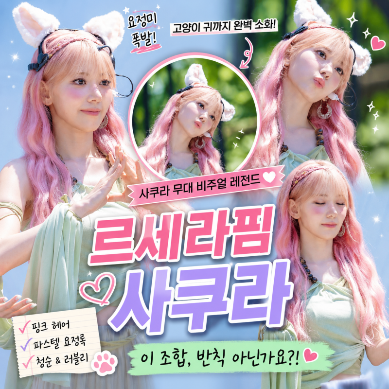 르세라핌 사쿠라, 핑크 헤어에 고양이 귀까지? 요정 비주얼 완성한 무대 패션의 정석