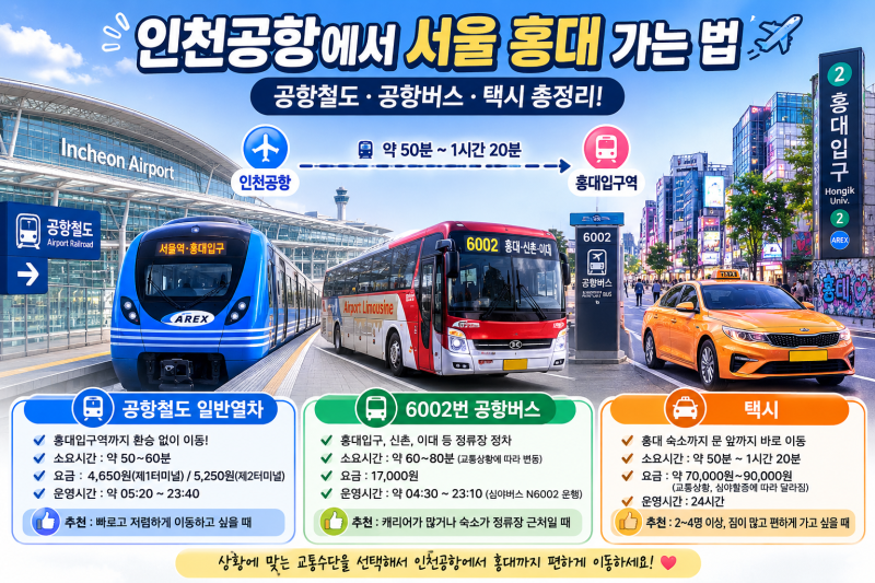 인천공항에서 서울 홍대 가는 법 공항철도·6002번 버스·택시 비교