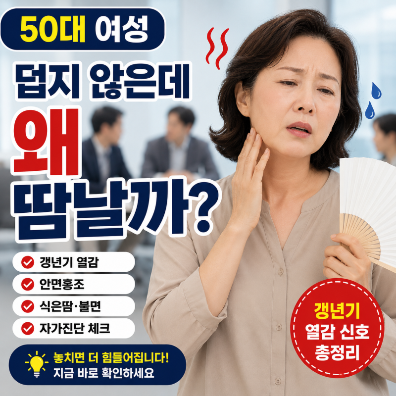 50대 여성 갑자기 땀나는 이유｜갱년기 열감·안면홍조 자가진단 총정리